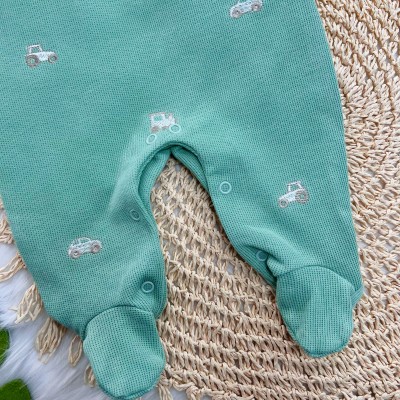  Macacão Tricotil (Tricot 100% Algodão) com Gola e Bordado - Carrinhos e Trens - Verde